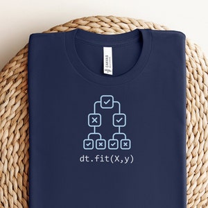 May include: A navy blue t-shirt with a white graphic of a decision tree and the text "dt.fit(X,y)". The t-shirt is folded and placed on a woven, circular placemat.