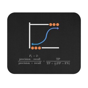 May include: Black mousepad with a diagram illustrating a formula. The diagram features white lines, orange circles, and a blue curved arrow. The formula "F₁ = 2 * precision * recall / (precision + recall) = TP / (TP + ½(FP + FN))" is displayed below.
