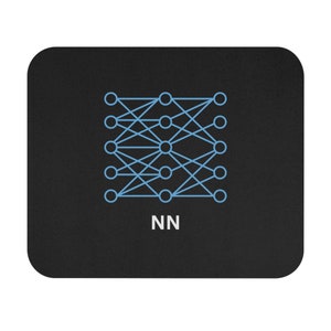May include: Black rectangular mousepad featuring a light blue neural network diagram. The diagram consists of interconnected circles and lines, with the letters "NN" in white at the bottom. The mousepad has rounded corners.