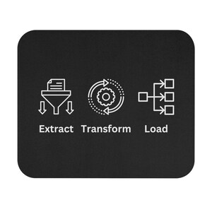 May include: Black rectangular mousepad with white line art depicting the steps of data processing: Extract, Transform, and Load. Each step is represented by a distinct icon and labeled with its corresponding term in a clean, modern font.