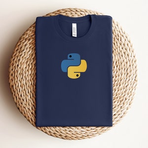 May include: A navy blue t-shirt with a yellow and blue Python logo.