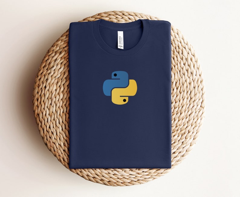 May include: A navy blue t-shirt with a yellow and blue Python logo.