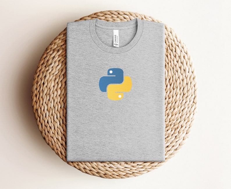 May include: A gray t-shirt with a yellow and blue Python logo on the front.