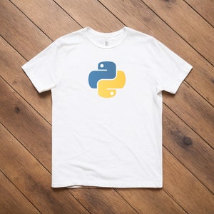 May include: White t-shirt with a blue and yellow Python logo.