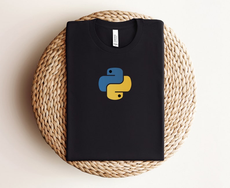 May include: Black t-shirt with a yellow and blue Python logo.