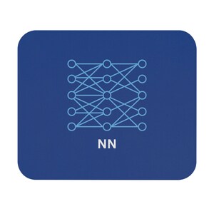 May include: A blue mousepad with rounded corners. A light blue diagram of interconnected circles and lines is centered on the pad. The letters "NN" are printed in white below the diagram.