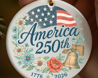Adorno navideño de cerámica con motivo del 250.º aniversario de Estados Unidos: Campana de la Libertad floral.