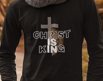 Christ Is King Long Sleeve Shirt | Christian Faith Apparel | Jesus Cross Lion Design | Religious Gift | Bella Canvas 3511