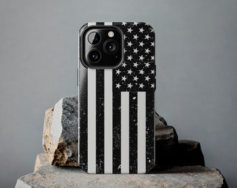 Distressed American Flag Phone Case - Black White Patriotic iPhone Case, Tough USA Flag Cover for iPhone 17 16 15 14 & Samsung Galaxy