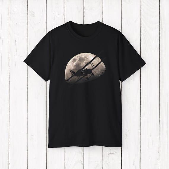 月と飛行機のグラフィックTシャツ、ヴィンテージ飛行機シャツ 