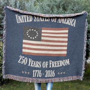 250 Years of Freedom Woven Blanket | Betsy Ross Flag Patriotic Throw | America 250 Anniversary 100% Cotton Home Décor