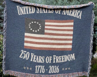 250 Years of Freedom Woven Blanket | Betsy Ross Flag Patriotic Throw | America 250 Anniversary 100% Cotton Home Décor