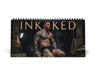 2027 Desk Calendar Tattooed Men | Inked Muscle Guys 2027 | Gay Male Calendar | Sensual Body Art Gift | Bearded Muscle Men