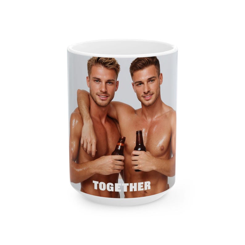 Gay Couple Muscular Men Mug | Together Beer Buddies Art | Gift for Him | Boyfriend Gift | Shirtless Male Duo | Male Physical Art image 2