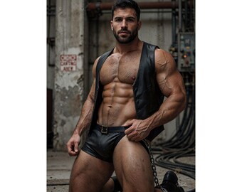 Male Wall Art | Riveted Athletic Duo Print | Dim Steel Workshop Scene | Homoerotic Leather Decor | Bold Masculine Wall Accent