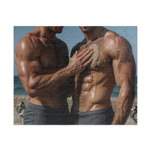 Jigsaw | Oiled Muscular Beach Lifeguards Jigsaw | Two Hairy Hunks Sharing Sand | Perfect Romantic Gift for Him | 110 or 252 Coins image 1