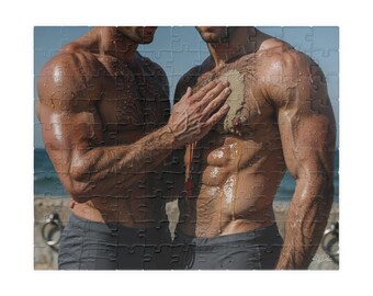 Jigsaw | Oiled Muscular Beach Lifeguards Jigsaw | Two Hairy Hunks Sharing Sand | Perfect Romantic Gift for Him | 110 or 252 Coins
