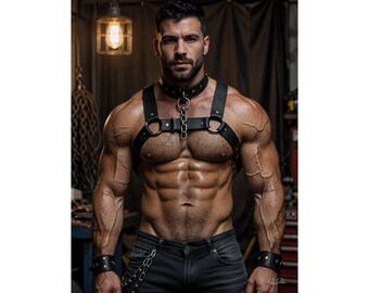 Male Wall Art | Strapped Athletic Torso Print | Dim Factory Leather Scene | Homoerotic Muscle Decor | Masculine Bedroom Wall Art