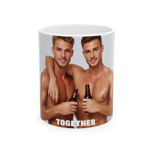 Gay Couple Muscular Men Mug | Together Beer Buddies Art | Gift for Him | Boyfriend Gift | Shirtless Male Duo | Male Physical Art image 1
