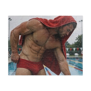 Sexy Muscle Swimmer Puzzle | Wet Athletic Jigsaw Gift | Perfect Gift for Him | 252 Piece Male Physique Art | Poolside Body image 1