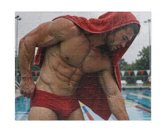 Rompecabezas de nadador musculoso y sexy | Rompecabezas deportivo acuático | Regalo perfecto para él | Arte de físico masculino de 252 piezas | Cuerpo junto a la piscina