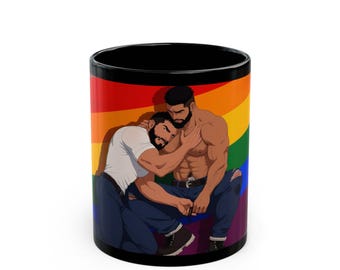 Gay Pride Mug | Muscular Bearded Couple | Rainbow Pride Flag | Gift for Him | Boyfriend Gift | LGBTQ Coffee Mug | Gay Office Mug