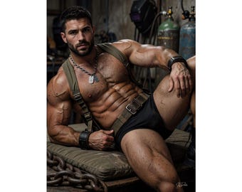 Male Wall Art | Manacled Workshop Muscle Duo | Dark Foundry Restraint Art | Homoerotic Chain Decor | Masculine Home Wall Accent