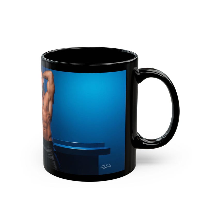 Mug | gay couple leather | pride heart tank | muscular men gift | boyfriend gift | gift for him desk image 2