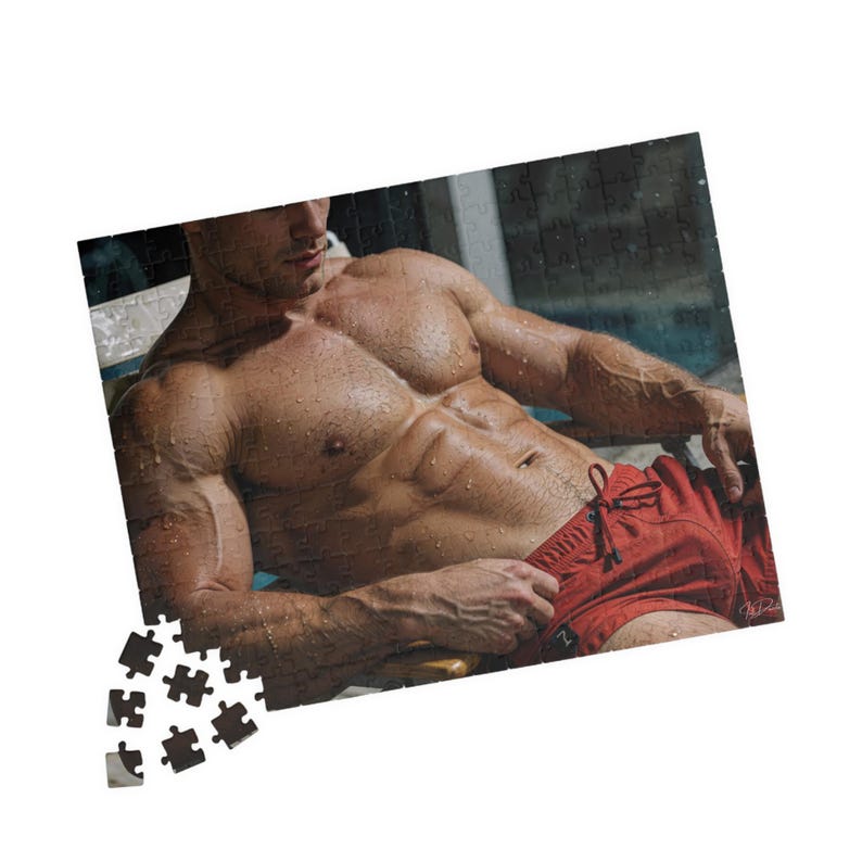 Puzzle | Handsome Muscular Athlete Covered in Droplets Red Swim Shorts Pool | Jigsaw Gift for Couples | 252 Piece Adult Puzzle image 7