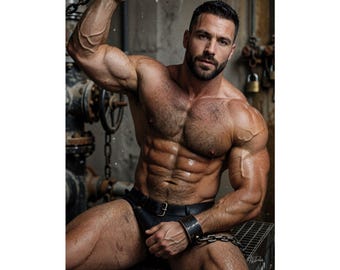 Male Wall Art | Fettered Athletic Titans Print | Shadow Warehouse Leather Scene | Homoerotic Chain Decor | Masculine Studio Accent