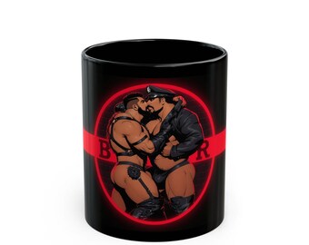 レザーメンズマグカップ｜ゲイレザーダディカップル｜レザーを着た筋肉質な男性｜彼へのギフト｜彼氏へのギフト｜夫への記念日ギフト