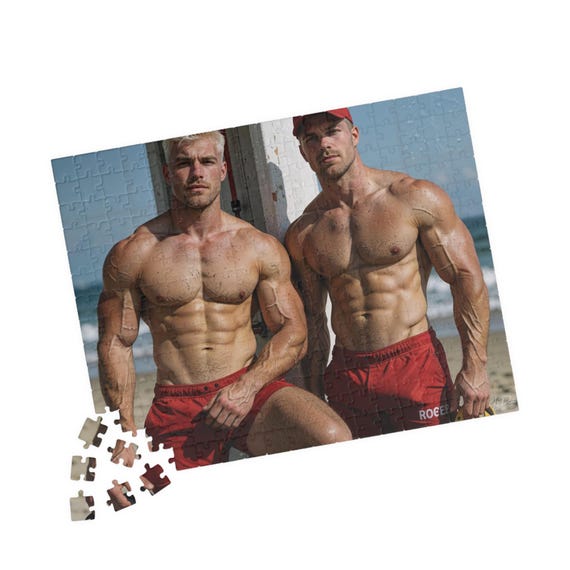 Two Blonde Muscular Lifeguards Beach Rescue Jigsaw — 7