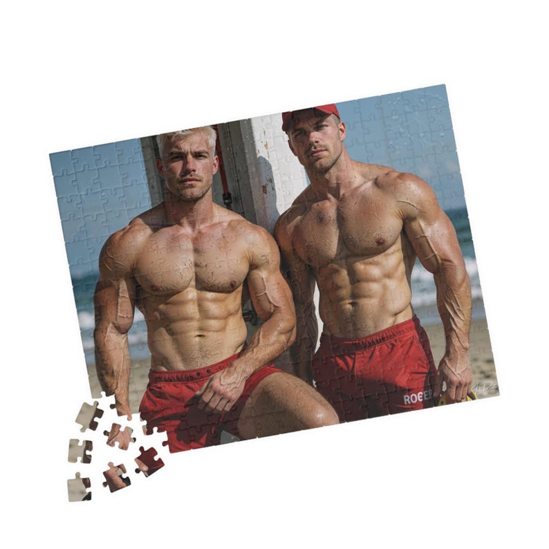Jigsaw | Two Blonde Muscular Lifeguards Beach Rescue Jigsaw | Perfect Gift for Boyfriend | 110 or 252 Piece Adult Puzzle image 7