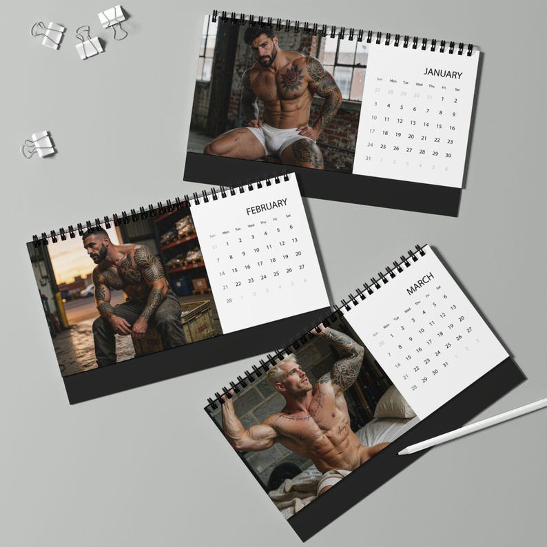 2027 Desk Calendar Tattooed Men | Inked Muscle Guys 2027 | Gay Male Calendar | Sensual Body Art Gift | Bearded Muscle Men image 4