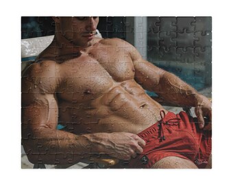 Puzzle | Handsome Muscular Athlete Covered in Droplets Red Swim Shorts Pool | Jigsaw Gift for Couples | 252 Piece Adult Puzzle