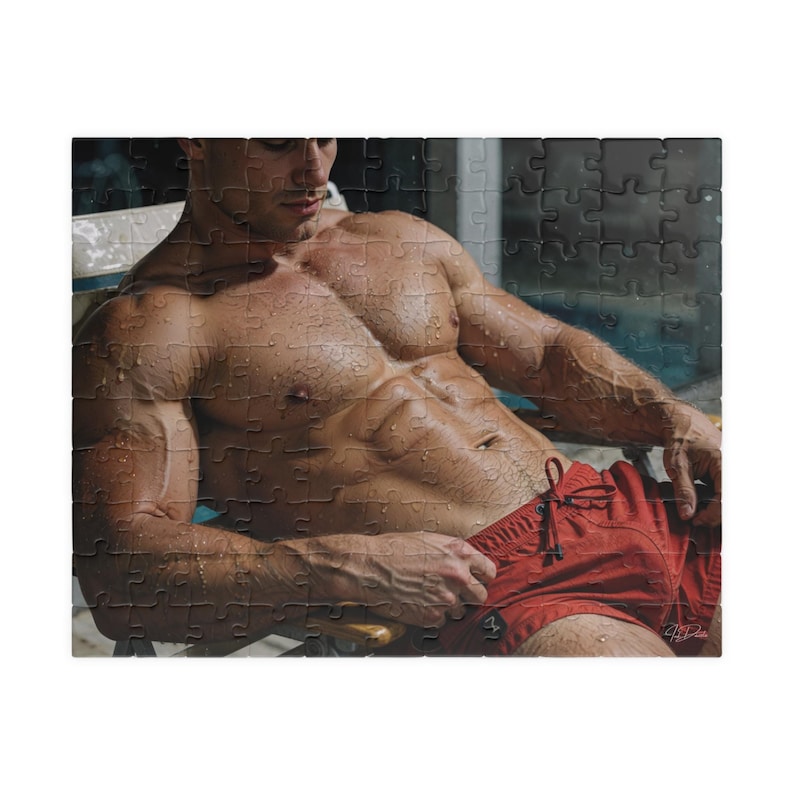 Puzzle | Handsome Muscular Athlete Covered in Droplets Red Swim Shorts Pool | Jigsaw Gift for Couples | 252 Piece Adult Puzzle image 1