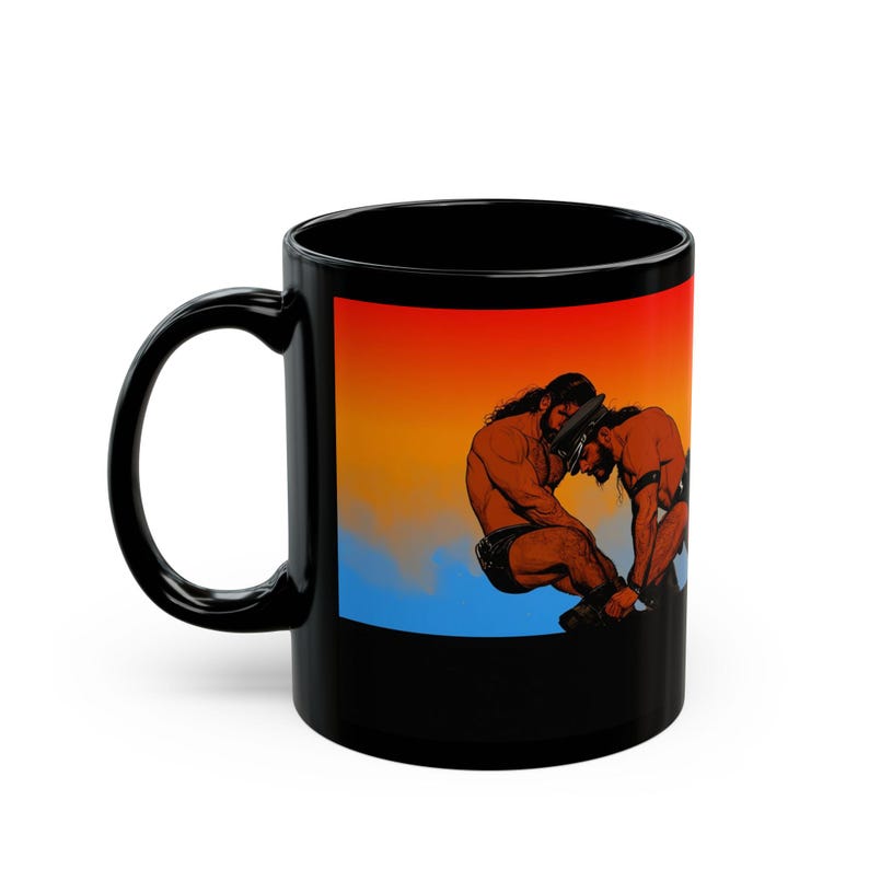 Leather Wrestlers Mug | Gay Leather Men Art Mug | Muscular Grappling Gift | Gift for Him | Boyfriend Gift | Morning Coffee Mug image 1