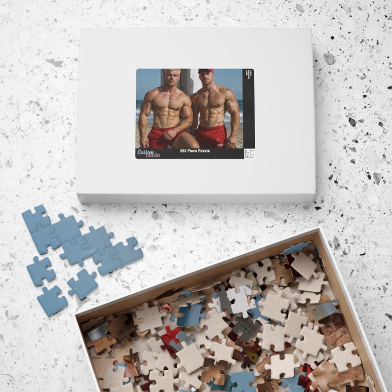 Jigsaw | Two Blonde Muscular Lifeguards Beach Rescue Jigsaw | Perfect Gift for Boyfriend | 110 or 252 Piece Adult Puzzle image 8