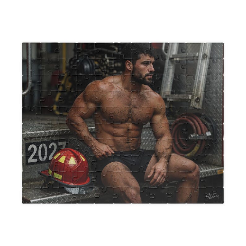 Sexy Hot Firefighter Puzzle | Muscular Fireman Jigsaw for Adults | Romantic Gift for Him | 110 & 252 Piece Set | Male Body Art image 1