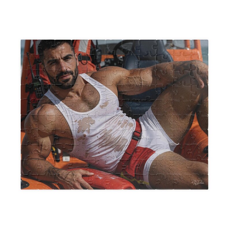 Jigsaw | Sexy Muscular Lifeguard Jigsaw | Handsome Wet Beach Rescue Hunk | Ideal Couple Evening Gift | 110 or 252 Piece Set image 1