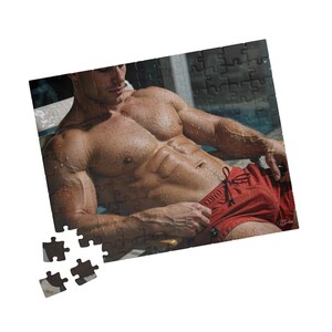 Puzzle | Handsome Muscular Athlete Covered in Droplets Red Swim Shorts Pool | Jigsaw Gift for Couples | 252 Piece Adult Puzzle image 3