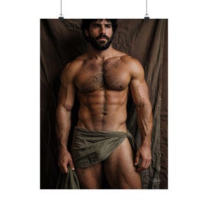 May include: A muscular person with dark hair and a beard, wearing a draped olive green fabric around the waist. The person has a defined chest and abdominal muscles, with visible skin texture and hair, positioned against a dark brown backdrop.