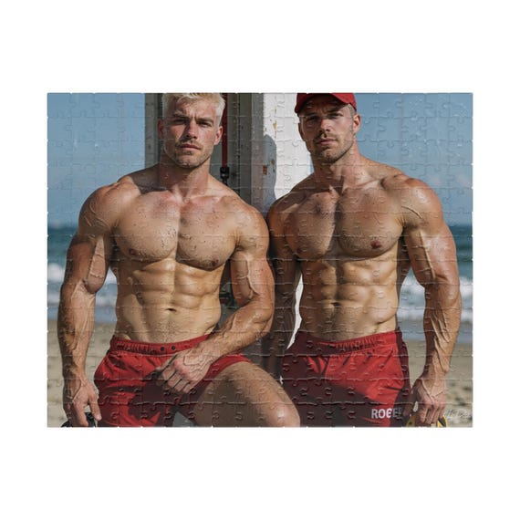 Two Blonde Muscular Lifeguards Beach Rescue Jigsaw — 5