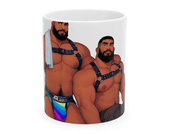 Leather Daddy Mug | Gay Bear Couple Art | Muscle Men in Harness | Gift for Him | Boyfriend Gift | Husband Gift | Gay Gift Idea