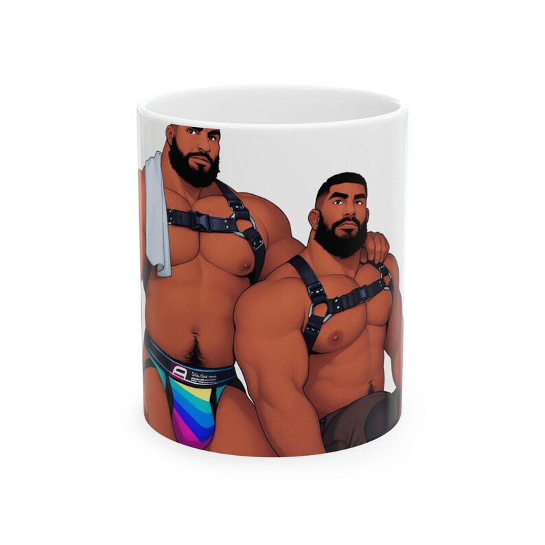 Leather Daddy Mug | Gay Bear Couple Art | Muscle Men in Harness | Gift for Him | Boyfriend Gift | Husband Gift | Gay Gift Idea image 1