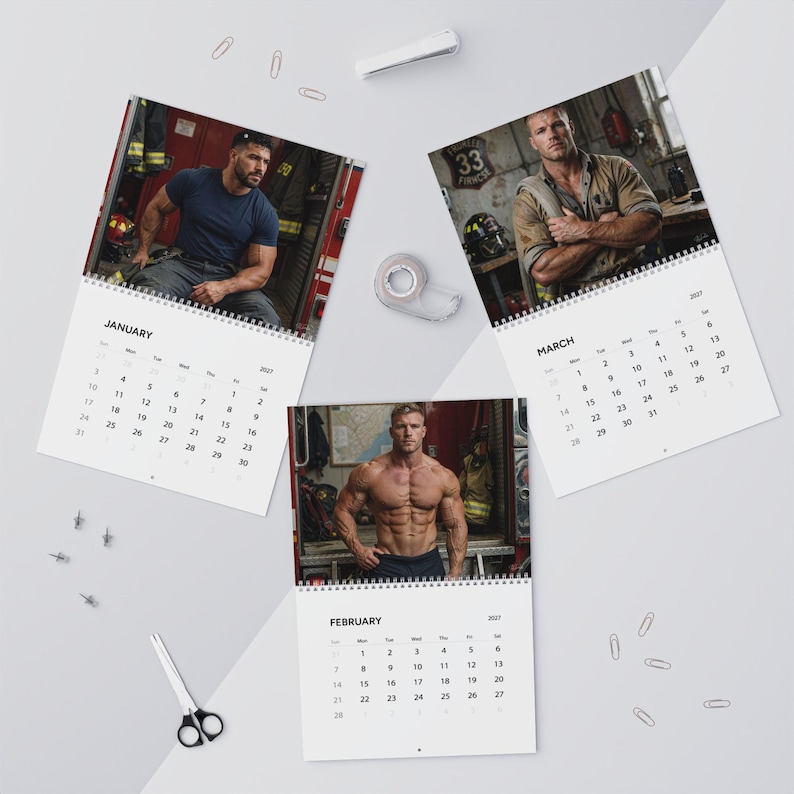 2027 Calendar Firefighters | Gay Fireman Wall Calendar | Muscular Firemen Calendar | Firemen Gift for Him | Masculine Wall Decor image 4