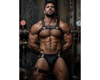 Male Wall Art | Harness Bound Muscle Duo Print | Shadow Industrial Tension Art | Homoerotic Leather Decor | Masculine Bedroom Accent