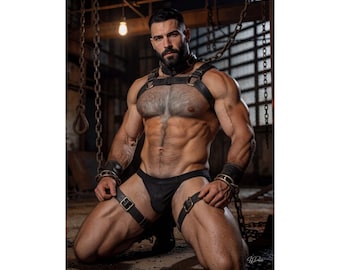 Male Wall Art | Tethered Muscle Men Print | Shadow Industrial Bondage Art | Leather Homoerotic Decor | Masculine Interior Wall Art