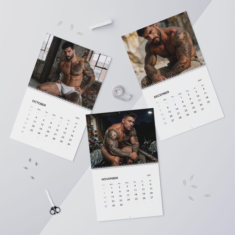 2027 Calendar Inked Men | Tattooed Guys Wall Calendar | Gay Hunks Calendar 2027 | Muscle Man Gift Idea | Sensual Gift for Him image 14