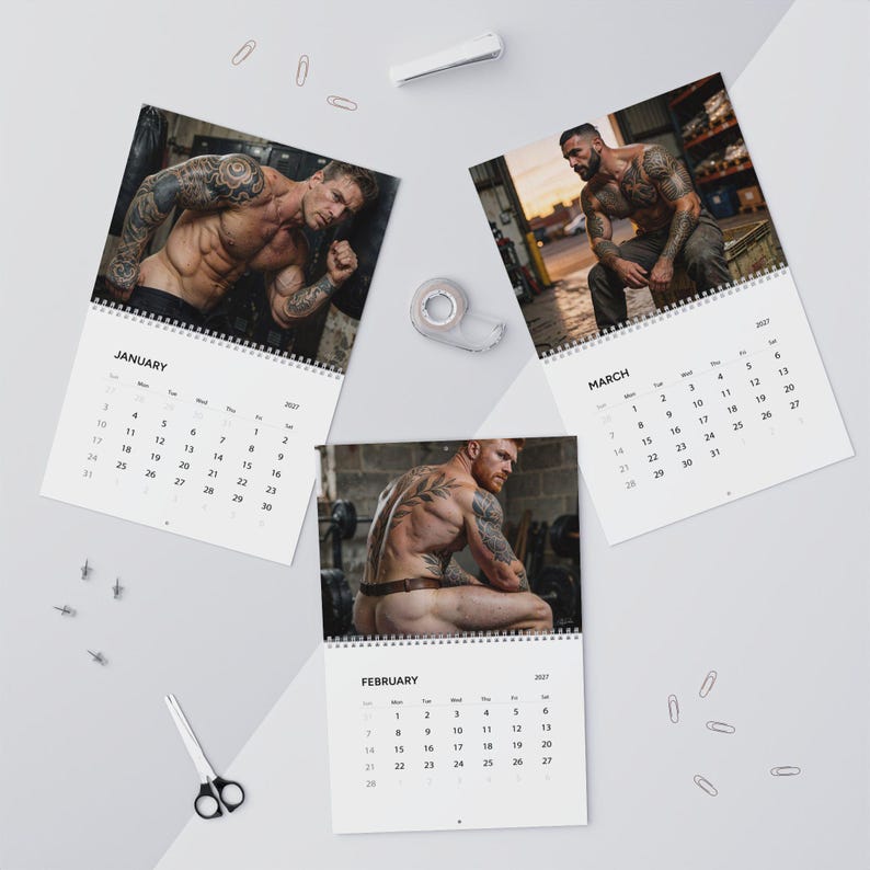 2027 Calendar Inked Men | Tattooed Guys Wall Calendar | Gay Hunks Calendar 2027 | Muscle Man Gift Idea | Sensual Gift for Him image 4
